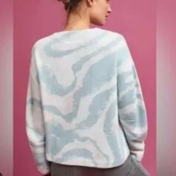 Anthropologie Pale Blue & Ivory Intarsia Wave Pullover Sweater Size L - Picture 4 of 8